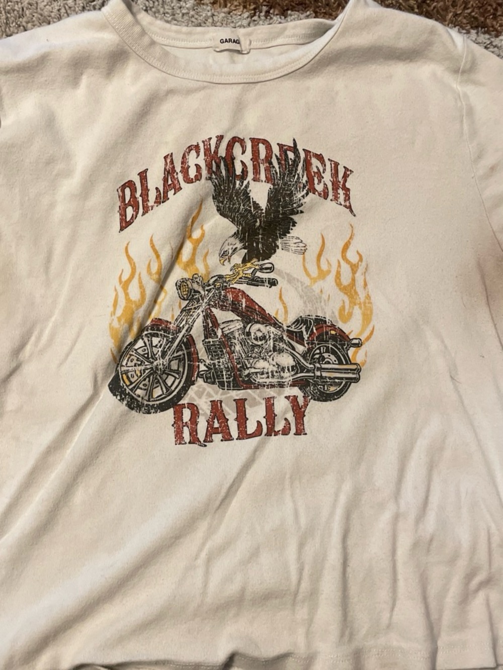 Garage White Tee with Red, Yellow, Black Rally Graphic
